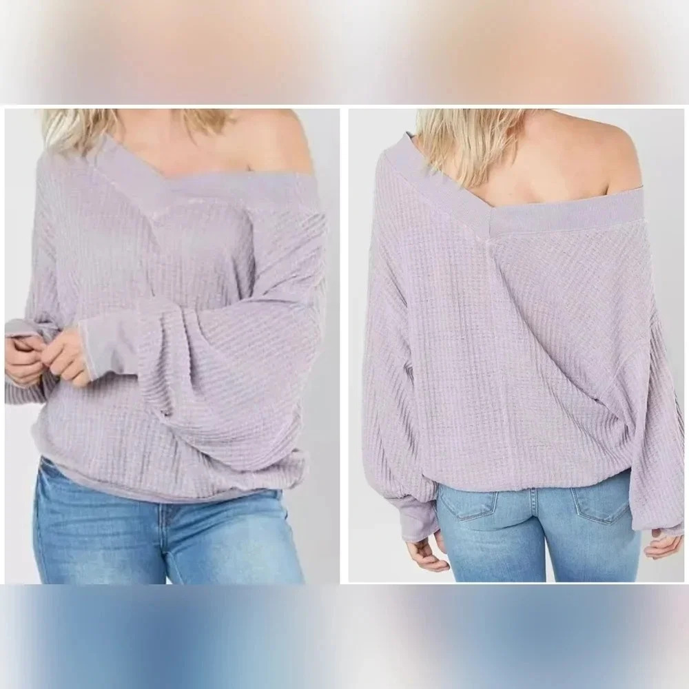 We The Free South Side Thermal Off-Shouler Top in Lilac, Slouchy Fit, EUC!